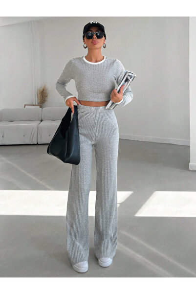 Yaka ve Kol Garnili Bol Paça Pantolon Fitilli Kaşkorse Kadın Takım