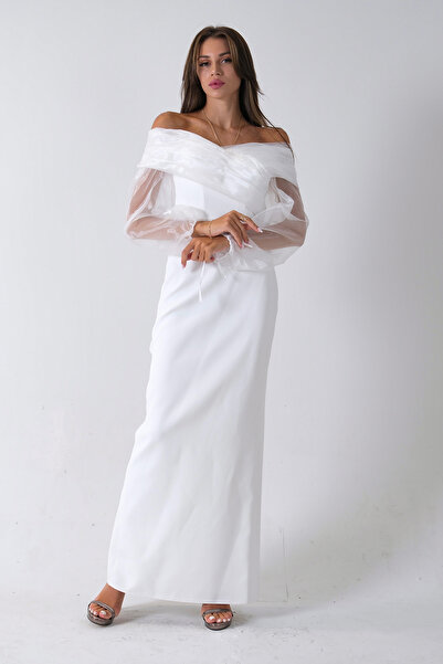 Feminist Organze Kol Detaylı Kayık Yaka Abiye Beyaz 0801086