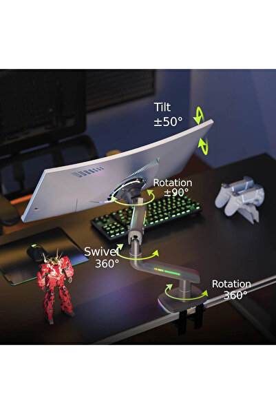NB ERGONOMIC ذراع شاشة ألعاب | زنبرك غازي | دوران 360 درجة | RGB | مناسب لمقاس 32-60 بوصة | حتى 20 كجم | أسود
