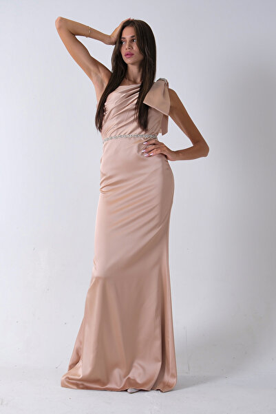 Feminist Tek Omuz Drapeli Taş Detaylı Abiye Gold 0801009