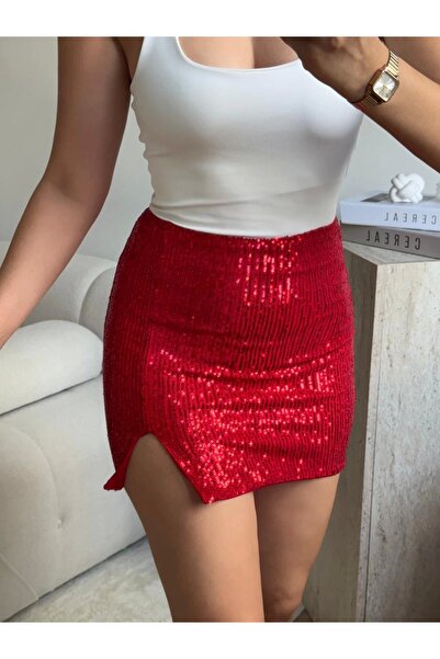 Zora Butik Pul Payetli Yırtmaçlı Mini Etek - KIRMIZI