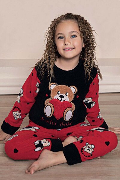 GRI MOR TEKSTIL Girl's Teddy Bear Patterned Eye Patch Plush Fleece Pajama Set