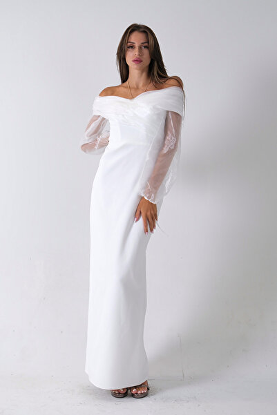 Feminist Organze Kol Detaylı Kayık Yaka Abiye Beyaz 0801086