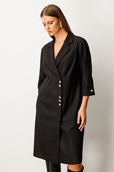 Ekol Double-Breasted Collar Midi Dress Black