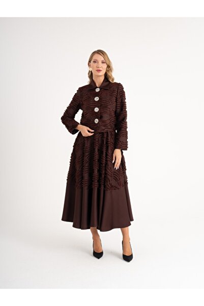 SERPİL Zarif Taşlı Detaylar ve Özgün Kumaş Dokusu Elbise ve Bolero Ceket İkil...