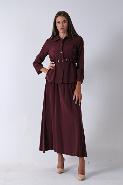 Feminist 2 Cep Detaylı Belden Lastikli Etekli Takım Bordo 4592257