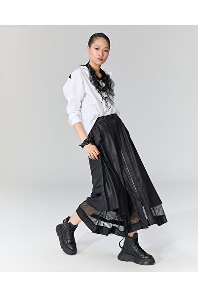 LAMANTE Önü Fermuarlı Deri File Detaylı Etek-s