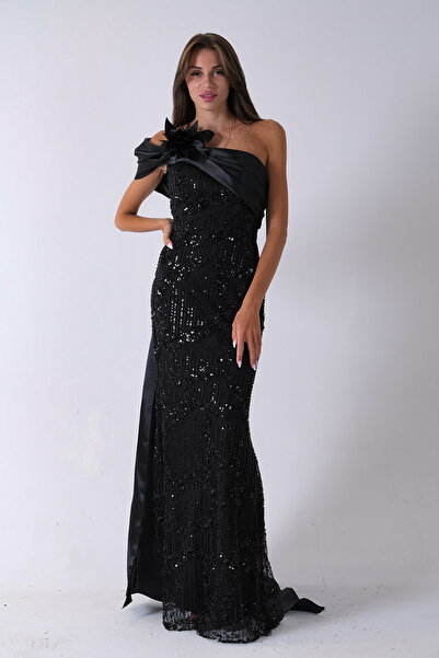 Feminist Çiçek Detaylı Pul Boncuk İşlemeli Kuyruklu Abiye Siyah 9705650