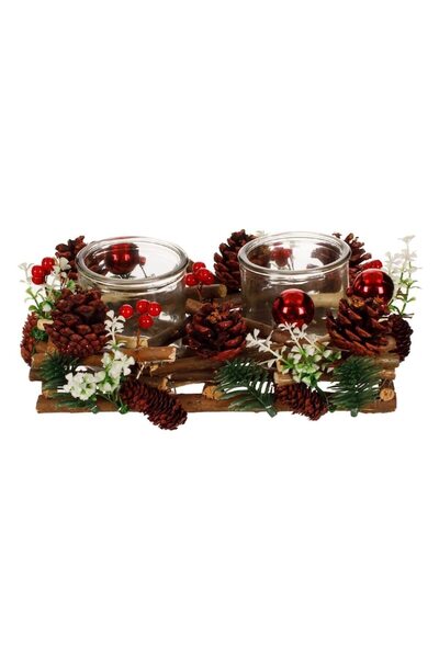 SHOPIENS Decorative Double Holder for Christmas Tea Light Candles Shopiens® with Wood, Cones, and Baubles, 2