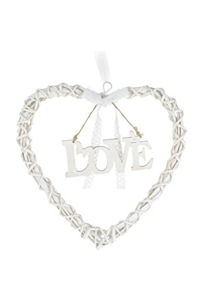 SHOPIENS Inima Decorativă Suspendabilă din Lemn Alb cu Tăbliță Love Dantelă și Panglică 29x29cm