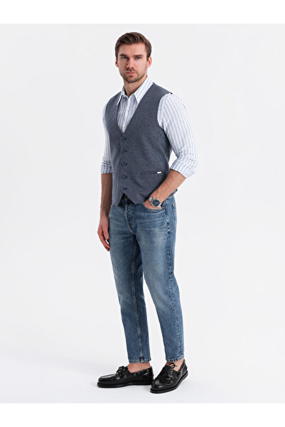 OMBRE Fitted elegant men's structured knit vest - navy blue V1 OM-BLZV-0147 L
