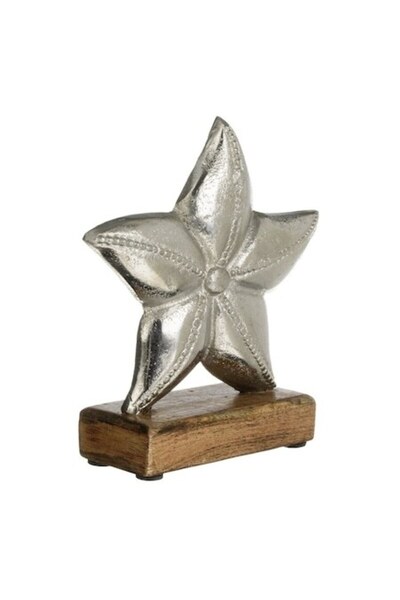 SHOPIENS Decoratiune De Masa Stea De Mare Metalica Argintie Pe Baza Din Lemn
