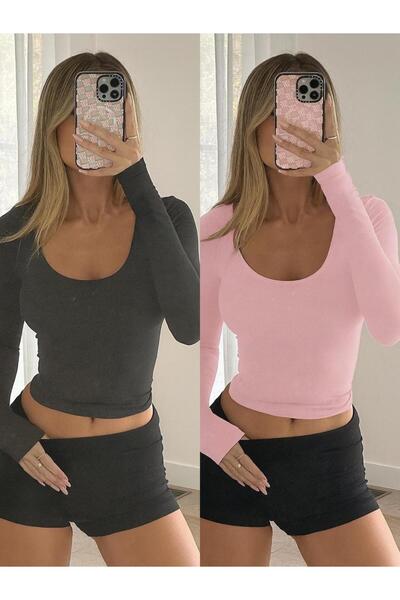 ÖZ PAMUK Square Neck 2-Pack Basic Plain Fabric Long Sleeve Lycra Blouse
