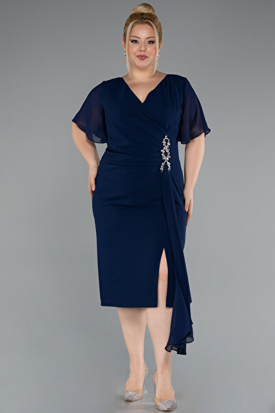 Abiyefon Lacivert Şifon Kısa Kol Midi Büyük Beden Davet Elbisesi ABK2401
