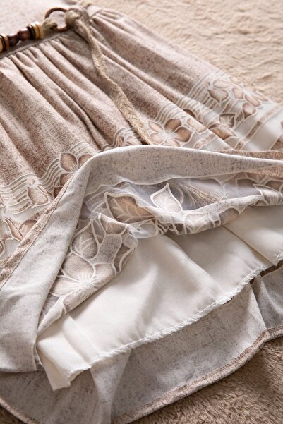 Cansın Mini Brown Floral Pattern Straw Belted Short Sleeve Girls Dress 22650