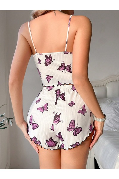 LA VIOR STYLE La Vior Women's White Color Butterfly Patterned Shorts Pajama Set