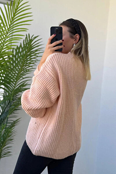 Kubos Moda Balloon Sleeve Pearl Embroidered Powder Women's Knitwear Sweater