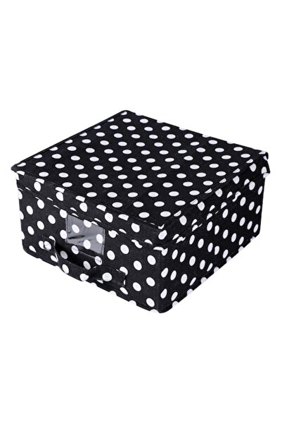 SHOPIENS Textile Storage Box for Clothes, Black with White Polka Dots and Lid, 30 x 30 x 16 cm