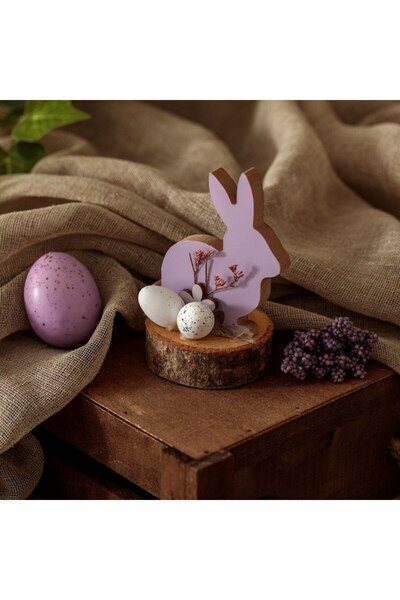 SHOPIENS Shopiens® Easter wooden table decoration, in the shape of a lilac rabbit with a flower,