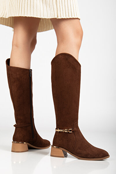 MARSEDO Women's Below-The-Knee Boots with Gold Buckle Detail and Zipper, Casual Boots, Lina Brown Suede