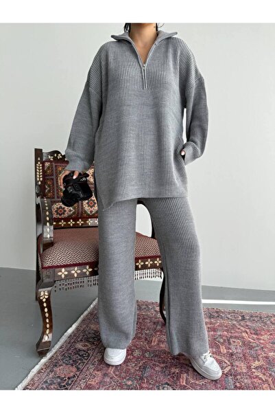 moda paketi Oversize Sweater Pants Zippered Double Knitwear Set