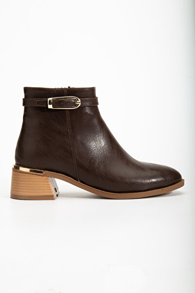 MARSEDO Kadın Altın Toka Detaylı Fermuarlı Günlük Bot Aria Kahve Cilt