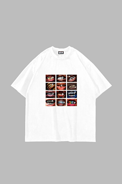 Sekizbiraltı Grillz Printed Oversize Unisex White Tshirt