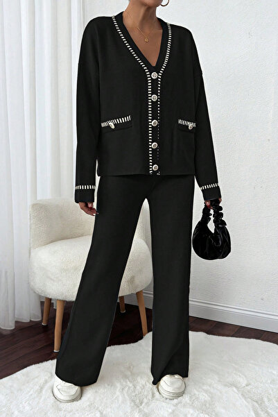 H&E LUXURY DESIGN Γυναικείο κομψό σετ πλεκτών ενδυμάτων με λεπτομέρεια ραφής με αντίθεση σε μαύρο χρώμα