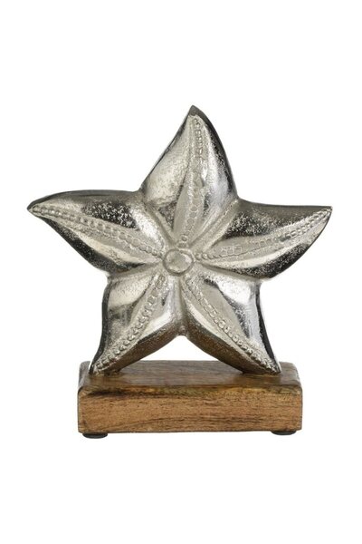 SHOPIENS Decoratiune De Masa Stea De Mare Metalica Argintie Pe Baza Din Lemn
