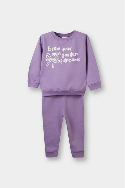 DeFacto Mor Kız Bebek 2'li Takım İçi Yumuşak Tüylü Baskılı Sweatshirt Eşofman Altı