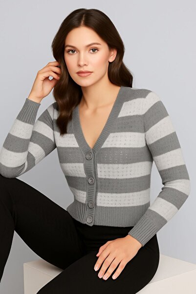 Sfg Life Moda Women's Buttoned Front and Double-Colored Knitwear Cardigan