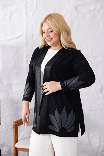 Siyezen Plus Size Leather Detailed Stoned Modal Fabric Cardigan