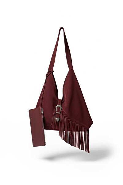 DSN Genuine Leather Suede Tasseled Western Special Design Buckle Shoulder Bag Claret Red Y6216