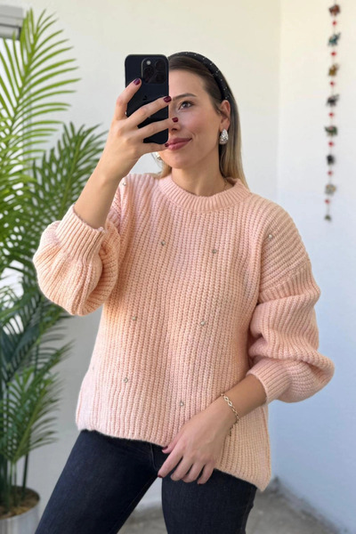 Kubos Moda Balloon Sleeve Pearl Embroidered Powder Women's Knitwear Sweater