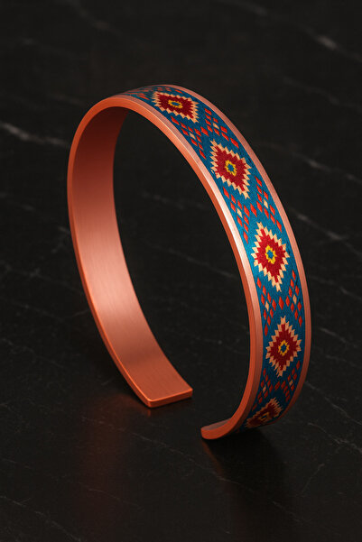 OSMANLI GÜMÜŞ Women's Copper Bracelet Ring Set - Rainbow Model Special Edition Metal Box and Quartz Stone