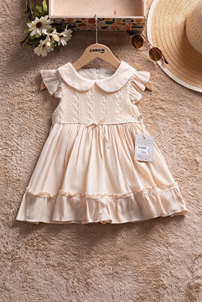 Cansın Mini Cream Sleeves Ruffled Lace Embroidered Baby Girl Dress 22665