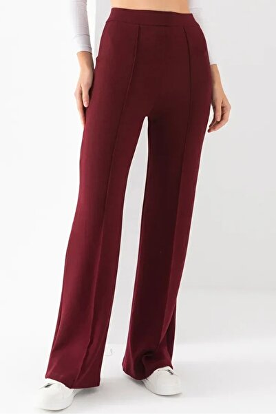 Bestenur Ahves Striped Spanish Leg Trousers 1590 - Burgundy