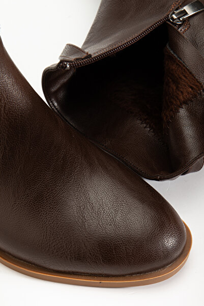 MARSEDO Kadın Altın Toka Detaylı Fermuarlı Günlük Bot Aria Kahve Cilt