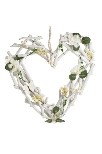 SHOPIENS Hanging Decorative Wooden Heart White with Flowers Butterfly and Leaves 40x5x40cm