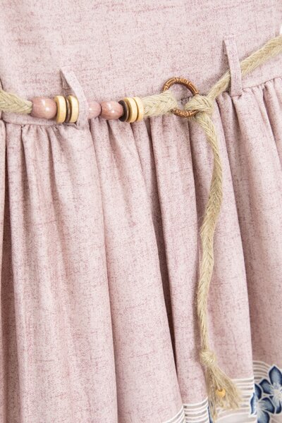 Cansın Mini Pink Floral Pattern Straw Belted Short Sleeve Girls Dress 22676