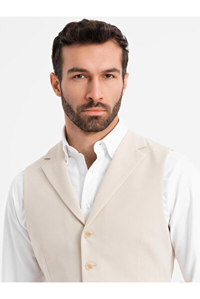 OMBRE Εφαρμοστό κομψό ανδρικό γιλέκο με ελαστάνη και πέτα - μπεζ V2 OM-BLZV-0145 S