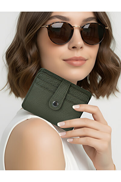 Grande حافظة بطاقات صغيرة من الجلد الطبيعي باللون الكاكي