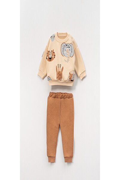 dinamik çocuk Baby Boy 3-Piece Ribbed Lion Elephant Zebra Printed Winter 2-Piece Tracksuit Set 100% Cotton 6-24 Months