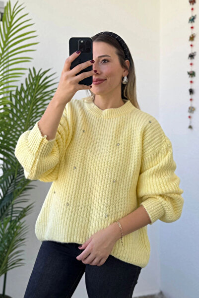 Kubos Moda Balloon Sleeve Pearl Embroidered Yellow Women's Knitwear Sweater
