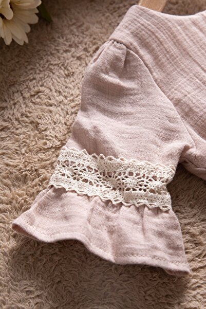 Cansın Mini Brown Sleeves Lace Detailed Belted Girls Muslin Dress 22669