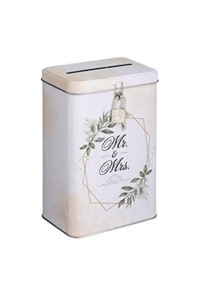 SHOPIENS Pusculita Nunta Mr & Mrs Alba Metalica cu Inchidere 12x7.5x19cm