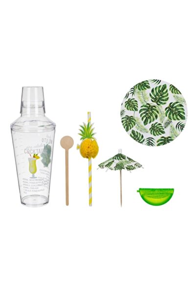 SHOPIENS Set pentru cocktailuri Shopiens®, cu un shaker transparent si 25 de accesorii, model frunze tropica