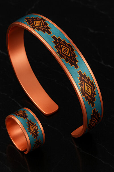 OSMANLI GÜMÜŞ Women's Copper Bracelet Ring Set - Lux Model Special Edition Metal Box and Quartz Stone
