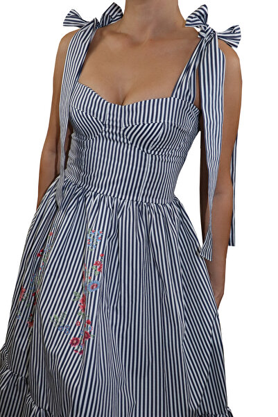 Atelier Anca Socolovschi Rochie dama, bleumarin cu dungi albe si model floral