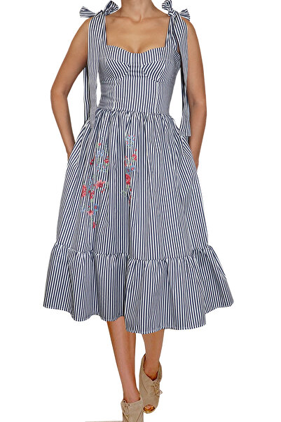 Atelier Anca Socolovschi Rochie dama, bleumarin cu dungi albe si model floral